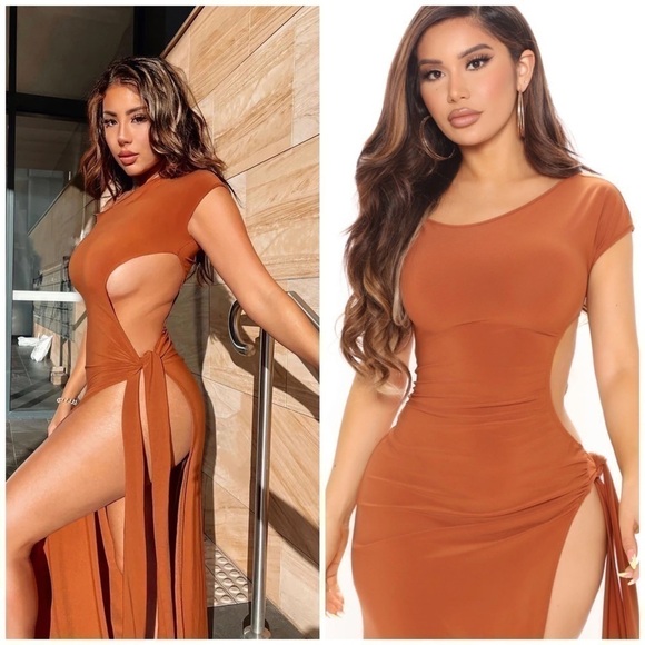 Fashion Nova Burnt Orange Camel Slinky Cutout Bodycon Maxi Dress Plus Size 2X - Picture 5 of 8